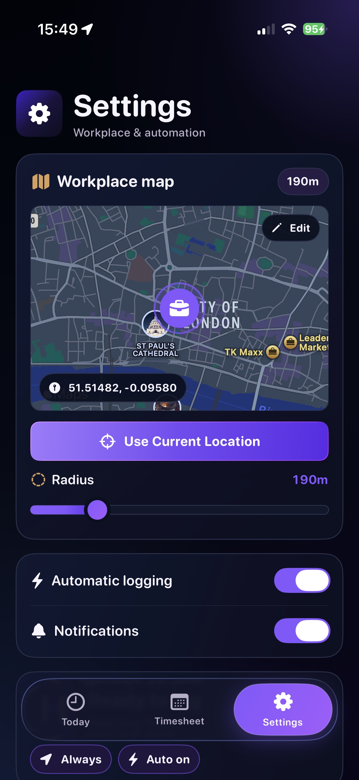 HourTide workplace map and radius controls