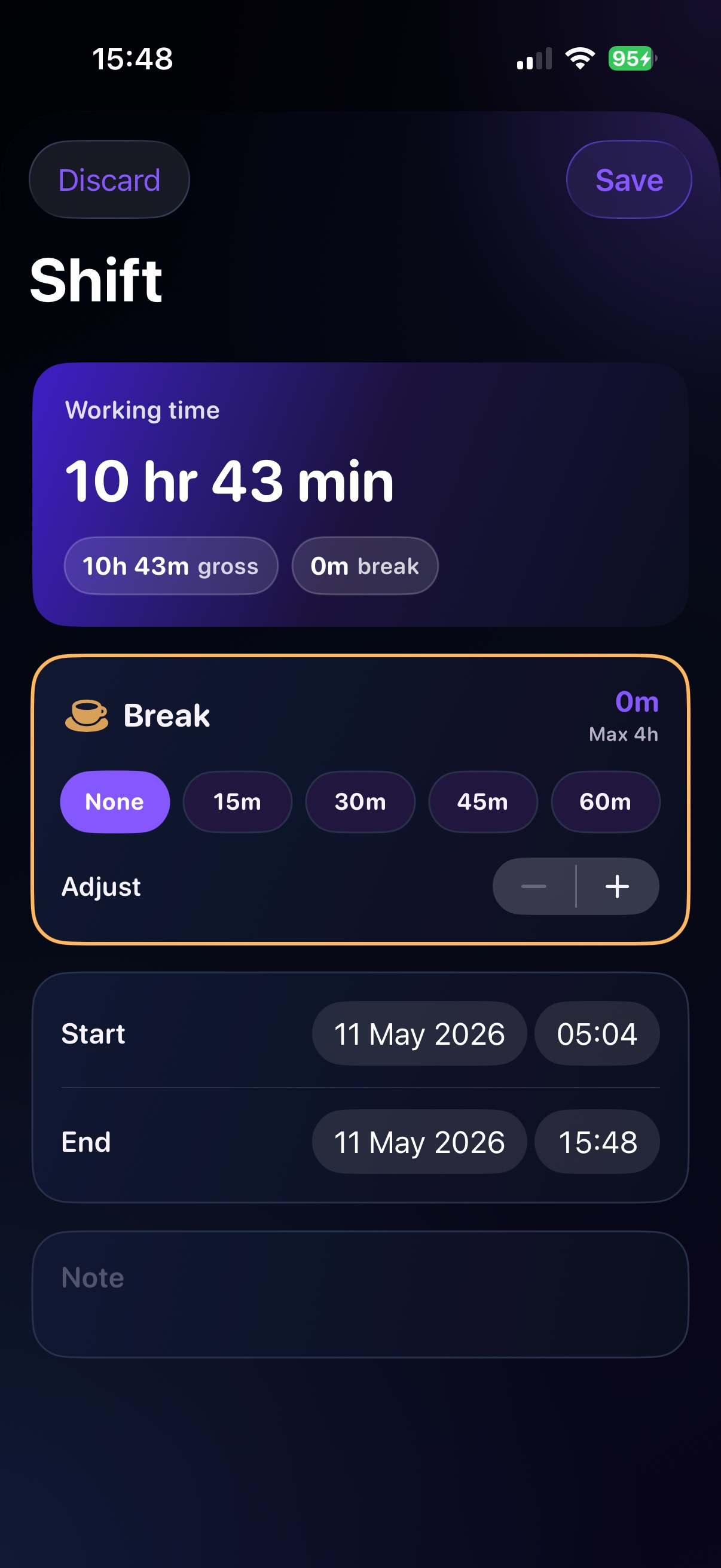 HourTide shift editor with break controls