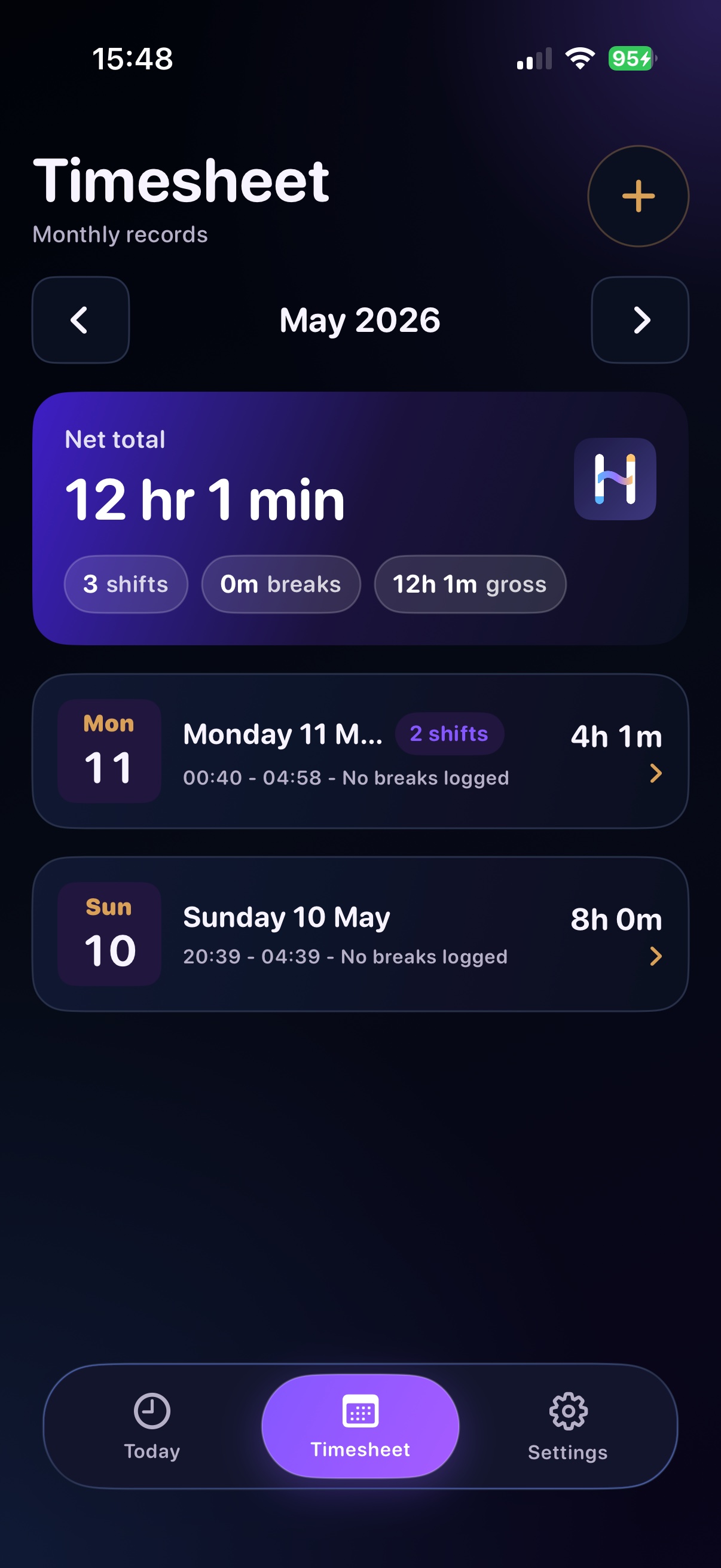 HourTide monthly timesheet with grouped shift days