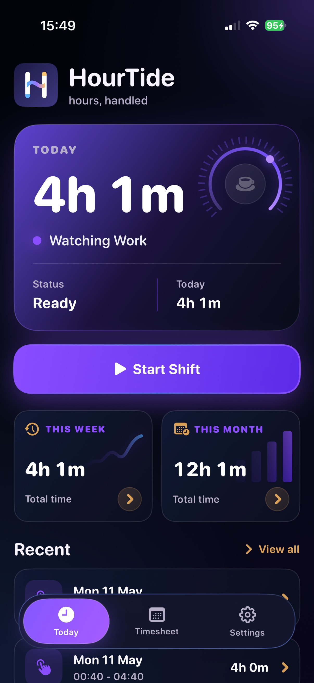 HourTide Today screen ready to start a shift