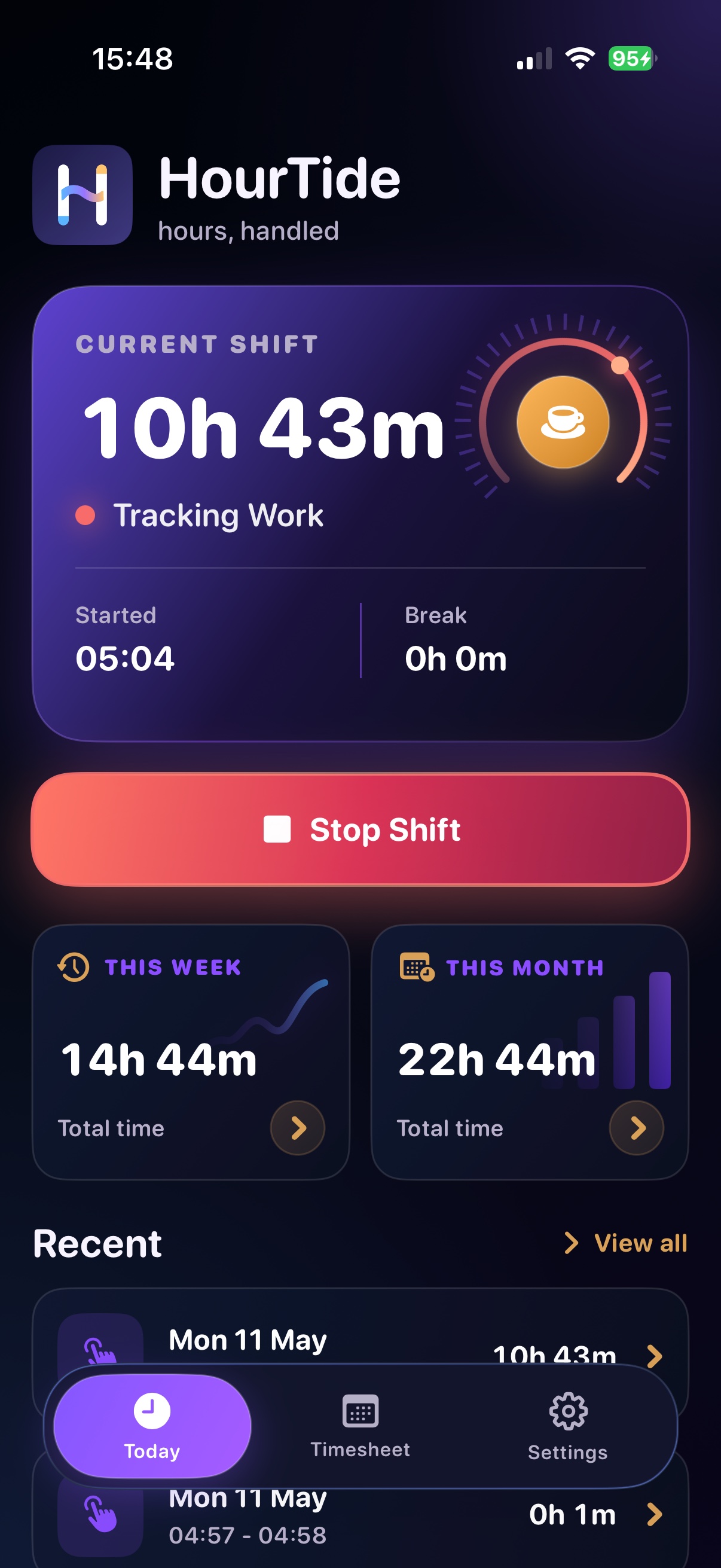 HourTide Today screen showing a current shift and weekly totals